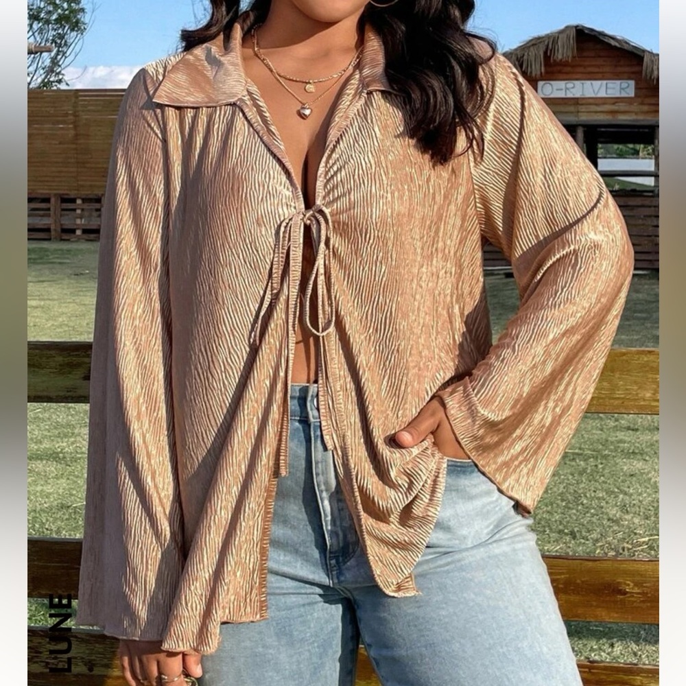 Womens plus knot front bell sleeve solid blouse Champagne gold beige XL